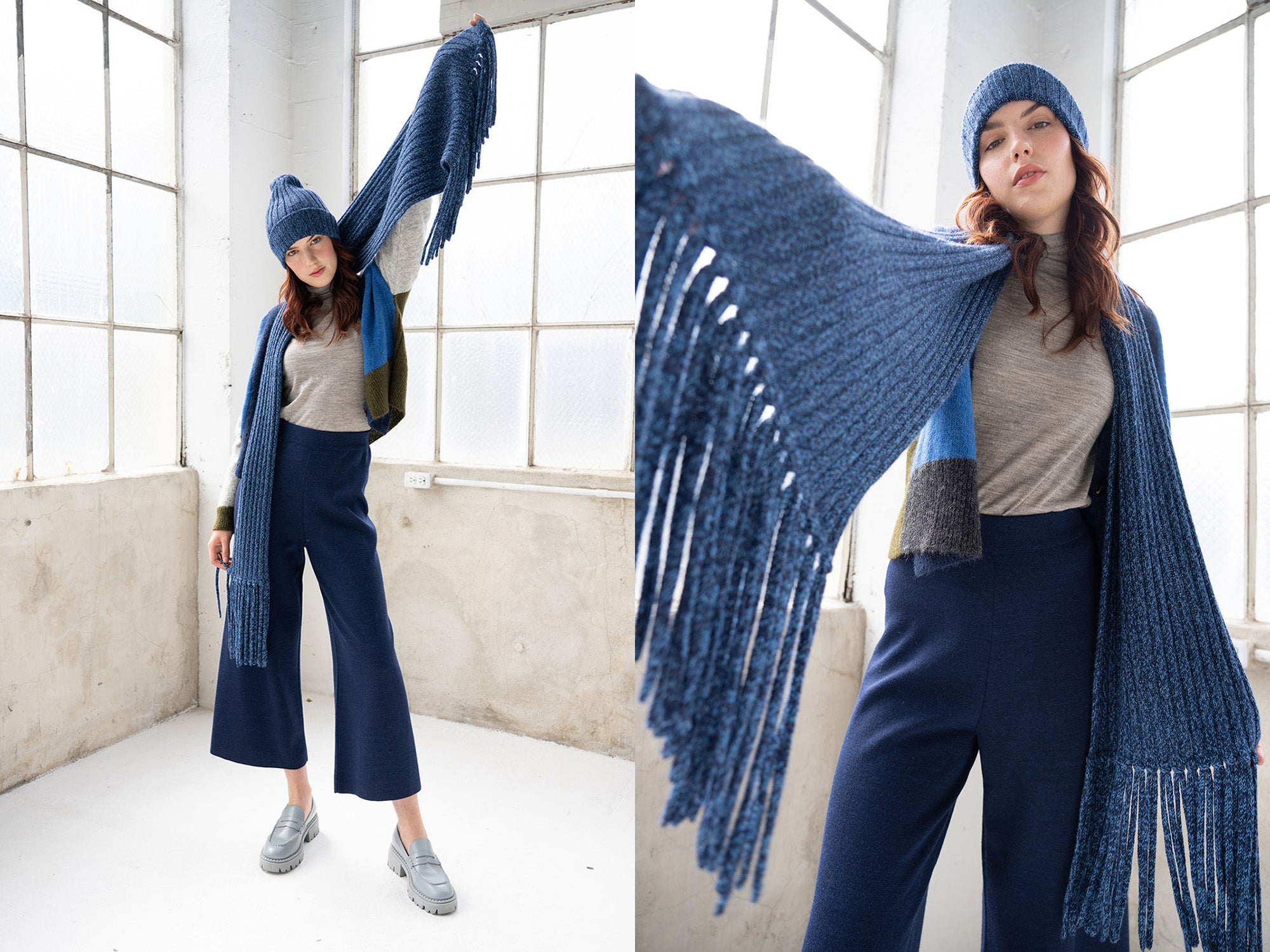 Classic rib-stitch beanie paired with thick fringe scarf both in marled blue. 100% Baby Alpaca. Made in Peru