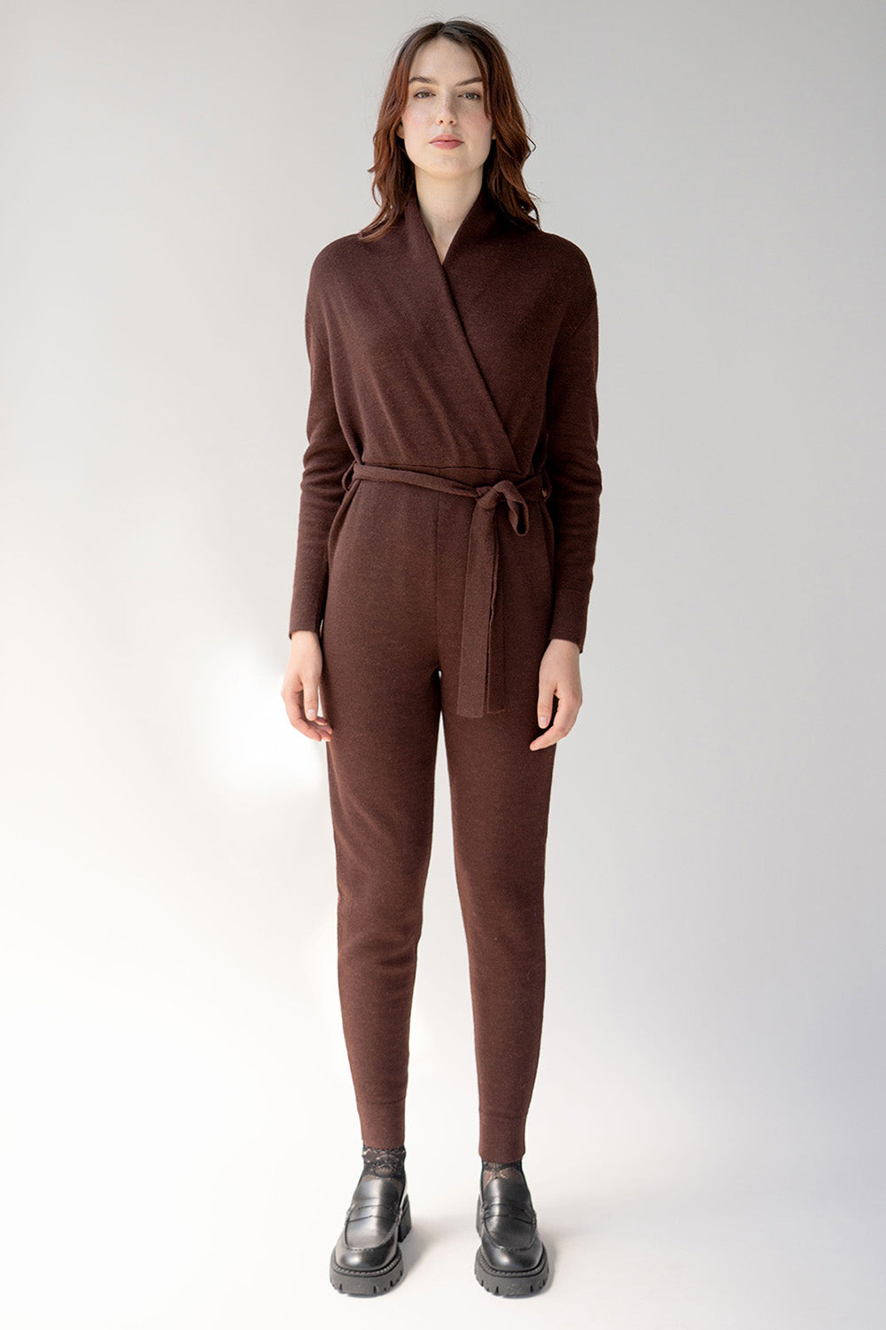 WRAP NECK JUMPSUIT - MAHOGANY