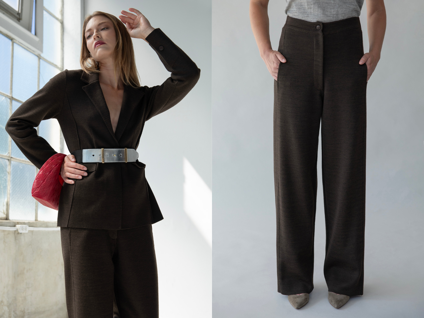 Model wearing SSKEIN alpaca knit blazer and Laurent knit trousers matching set in the color cocoa.