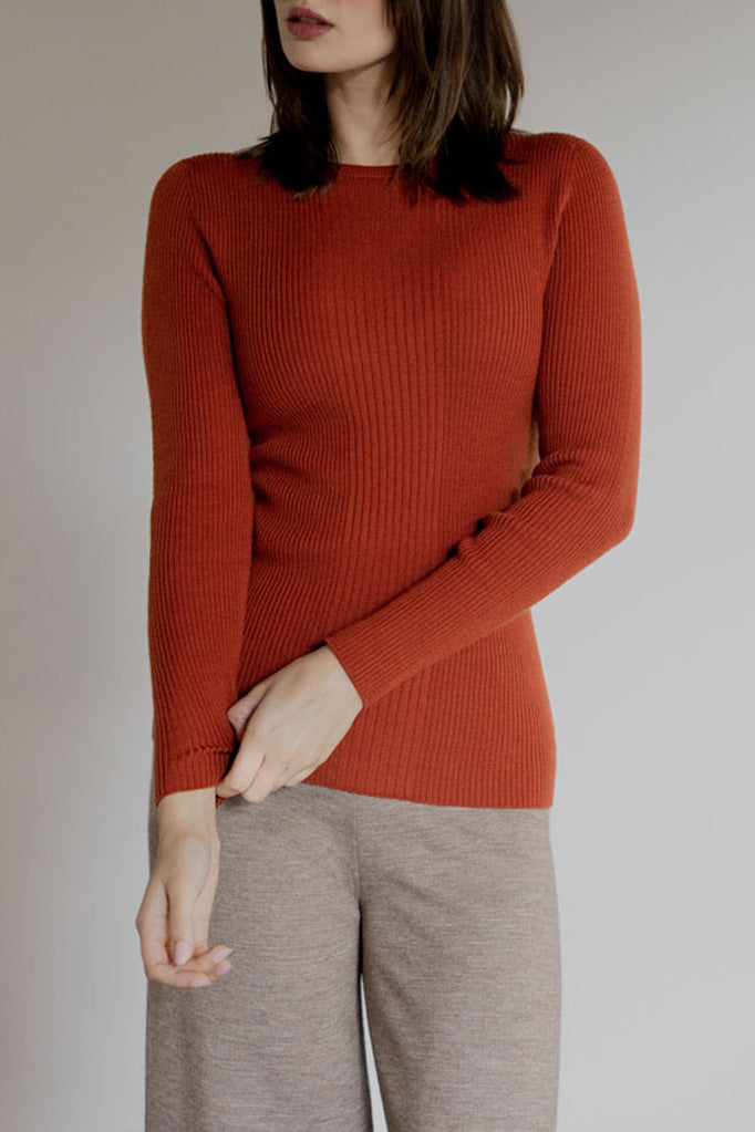 KASS CREW RIBBED PULLOVER - TERRACOTTA