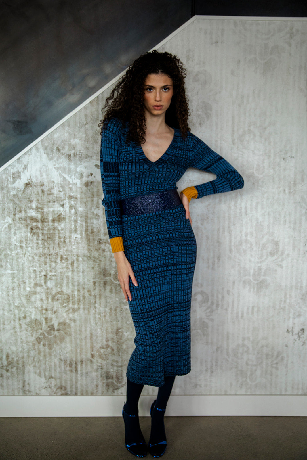 VIRA V NECK DRESS - COBALT MARL