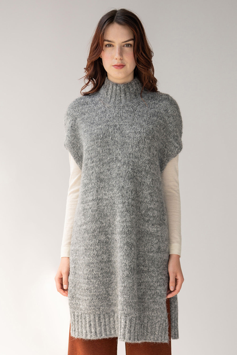 Grey mock neck tunic vest made with soft alpaca blended yarn knitted in two contrasting colors