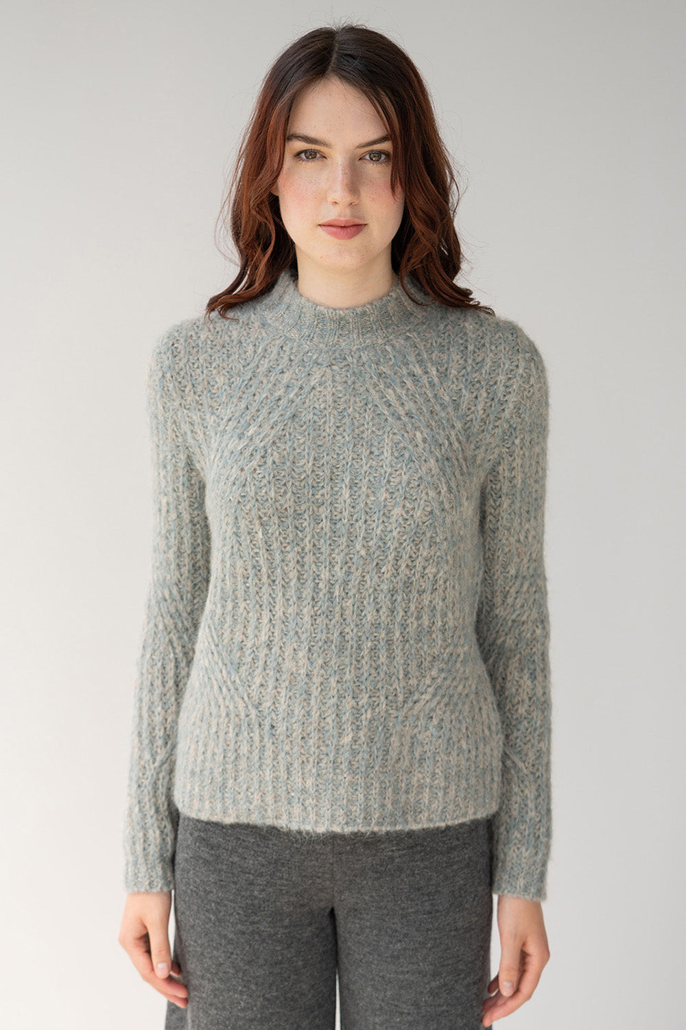 Vik transfer rib pullover in grey oat marl features a rib stitch for movement
