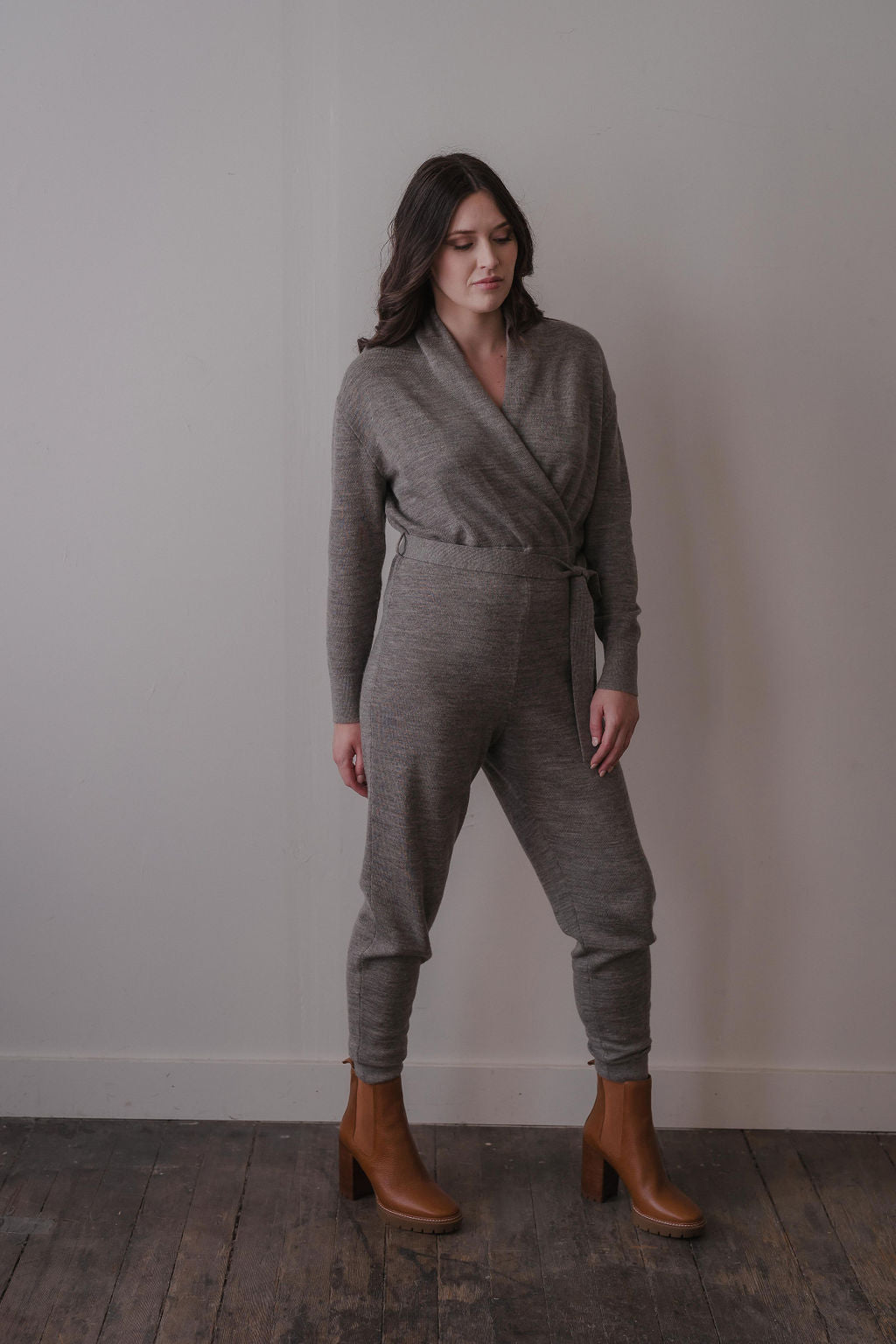 WRAP NECK JUMPSUIT - GREY HEATHER