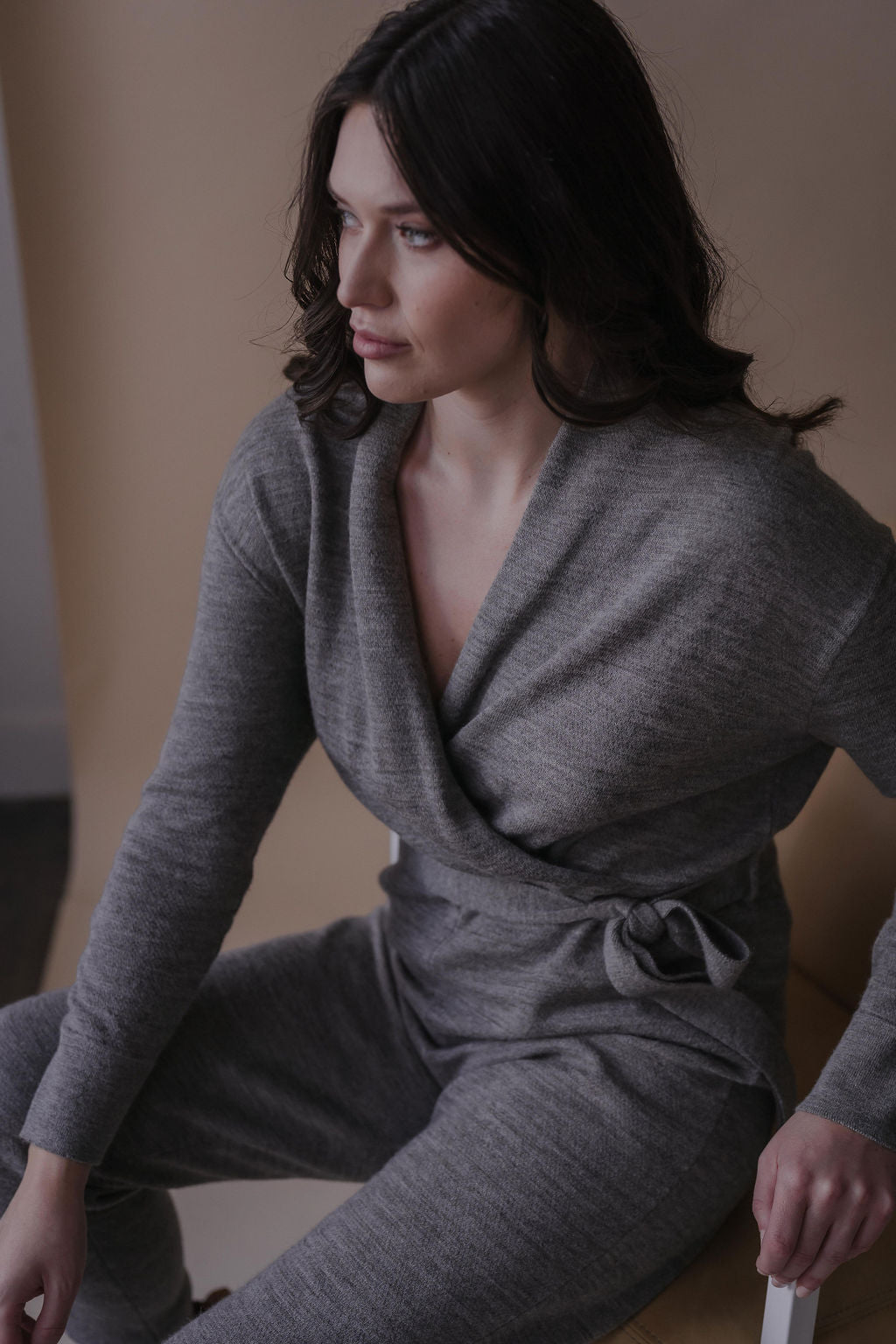 WRAP NECK JUMPSUIT - GREY HEATHER