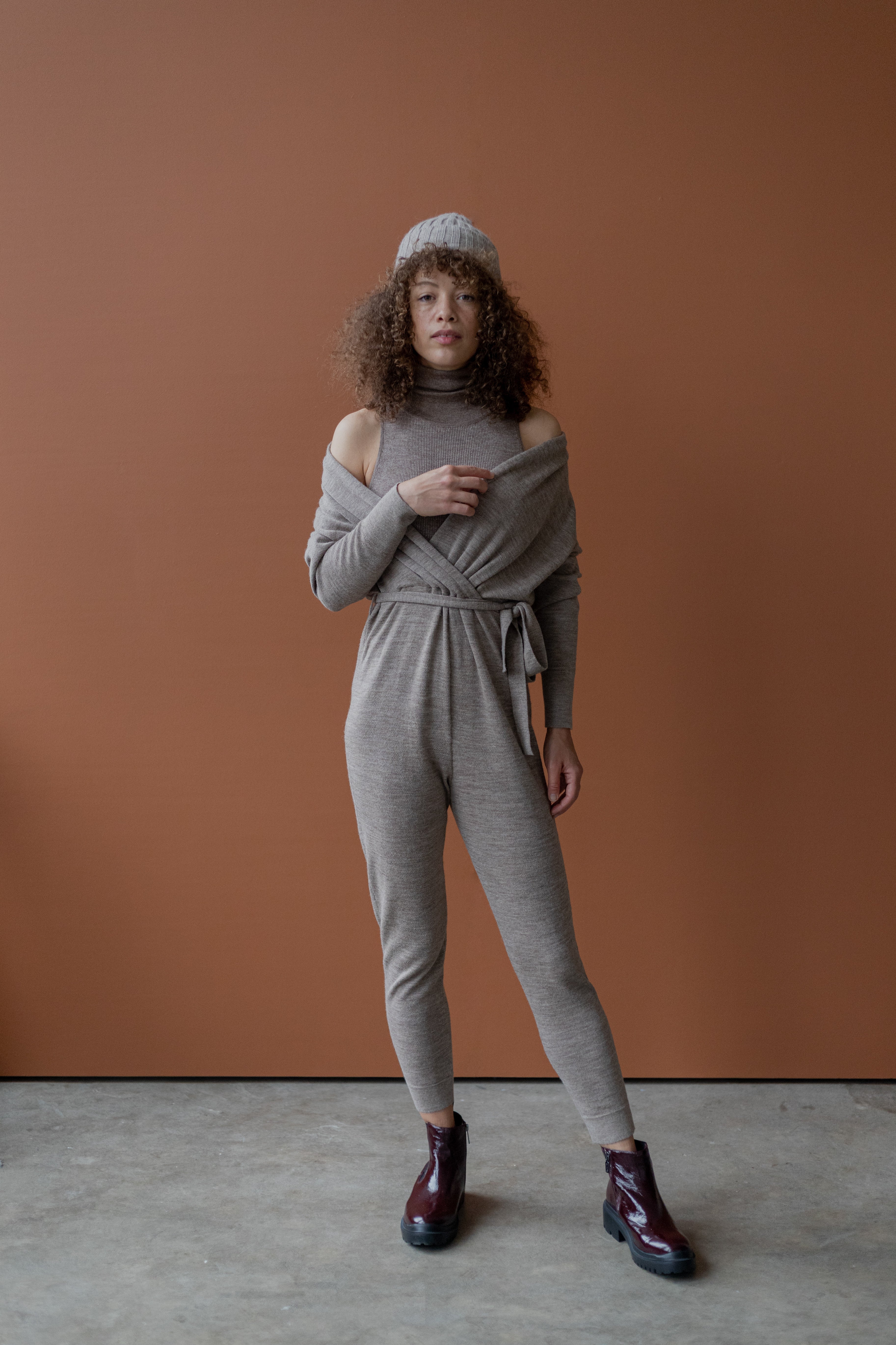 WRAP NECK JUMPSUIT -OATMEAL HEATHER