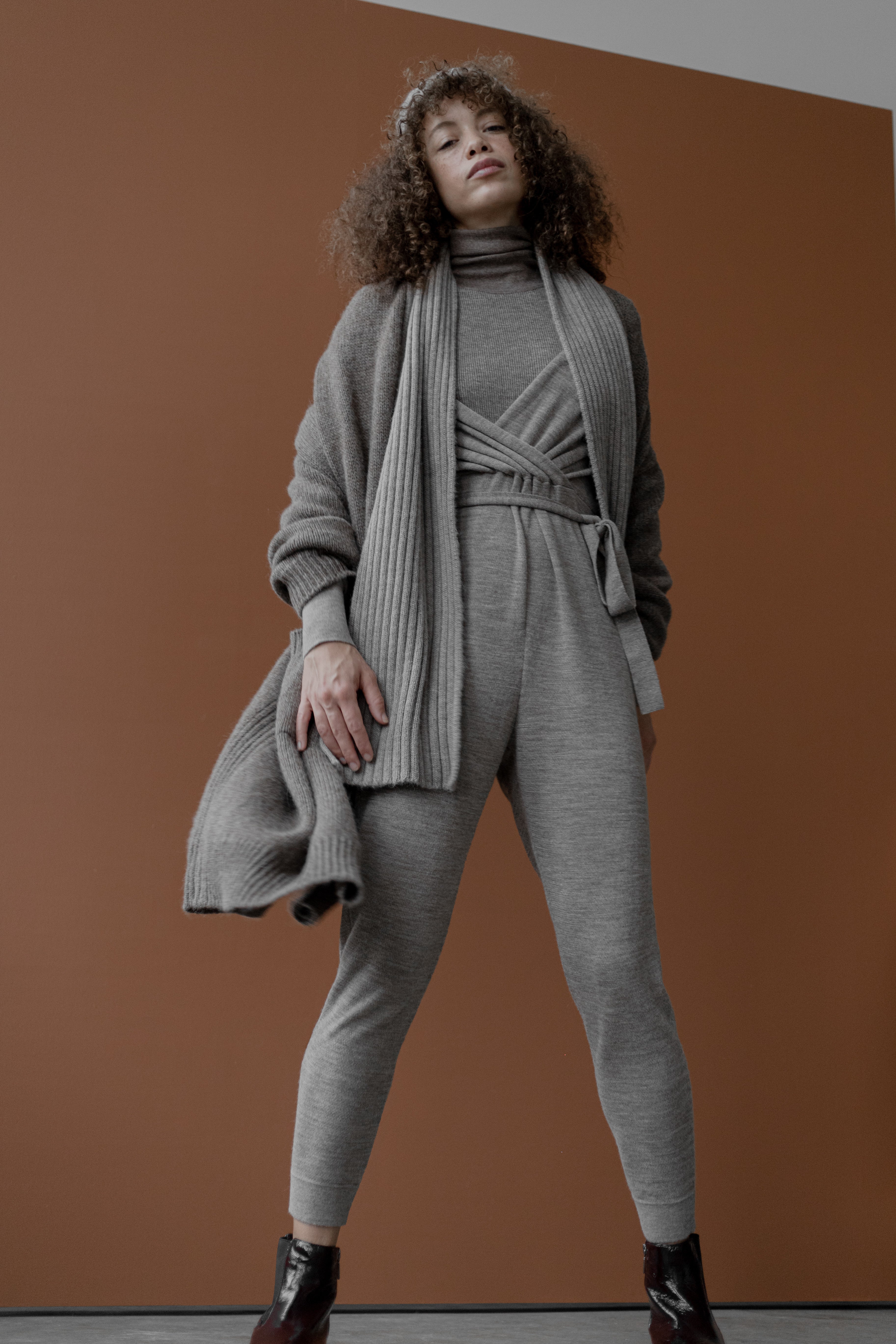 WRAP NECK JUMPSUIT -OATMEAL HEATHER