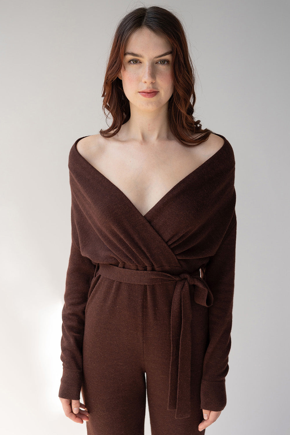 WRAP NECK JUMPSUIT - MAHOGANY