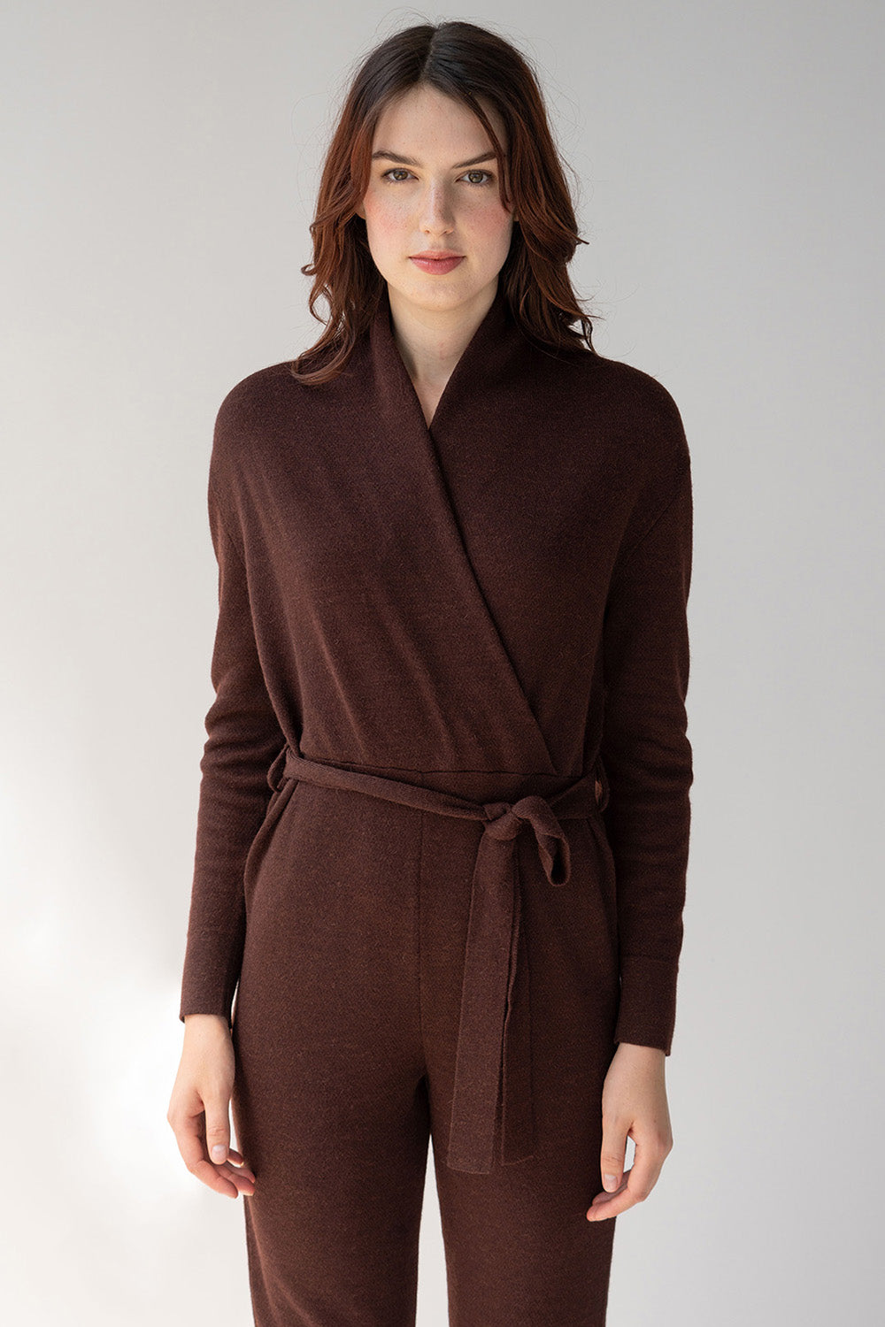 WRAP NECK JUMPSUIT - MAHOGANY