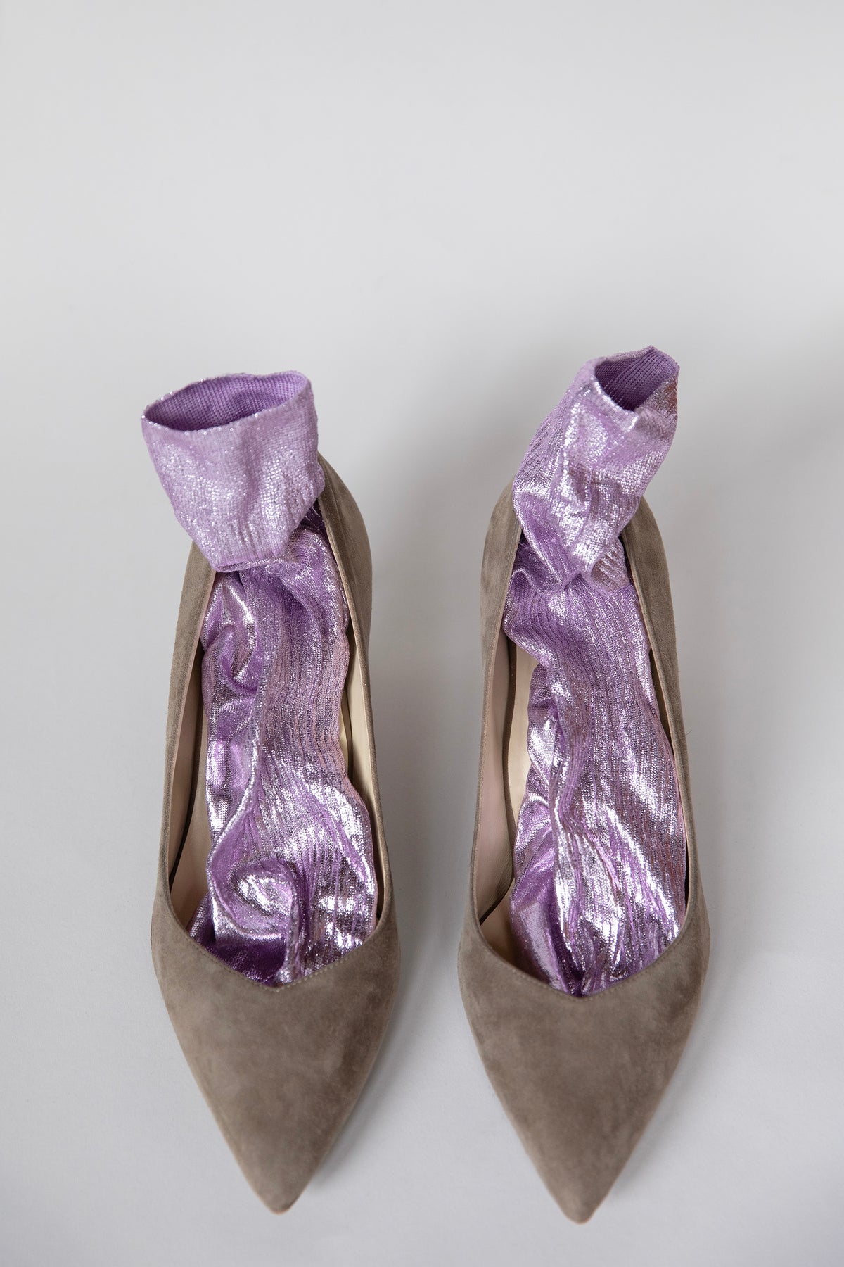 Pair of Maria La Rosa Lumine laminated silk socks in lilac, flat lay