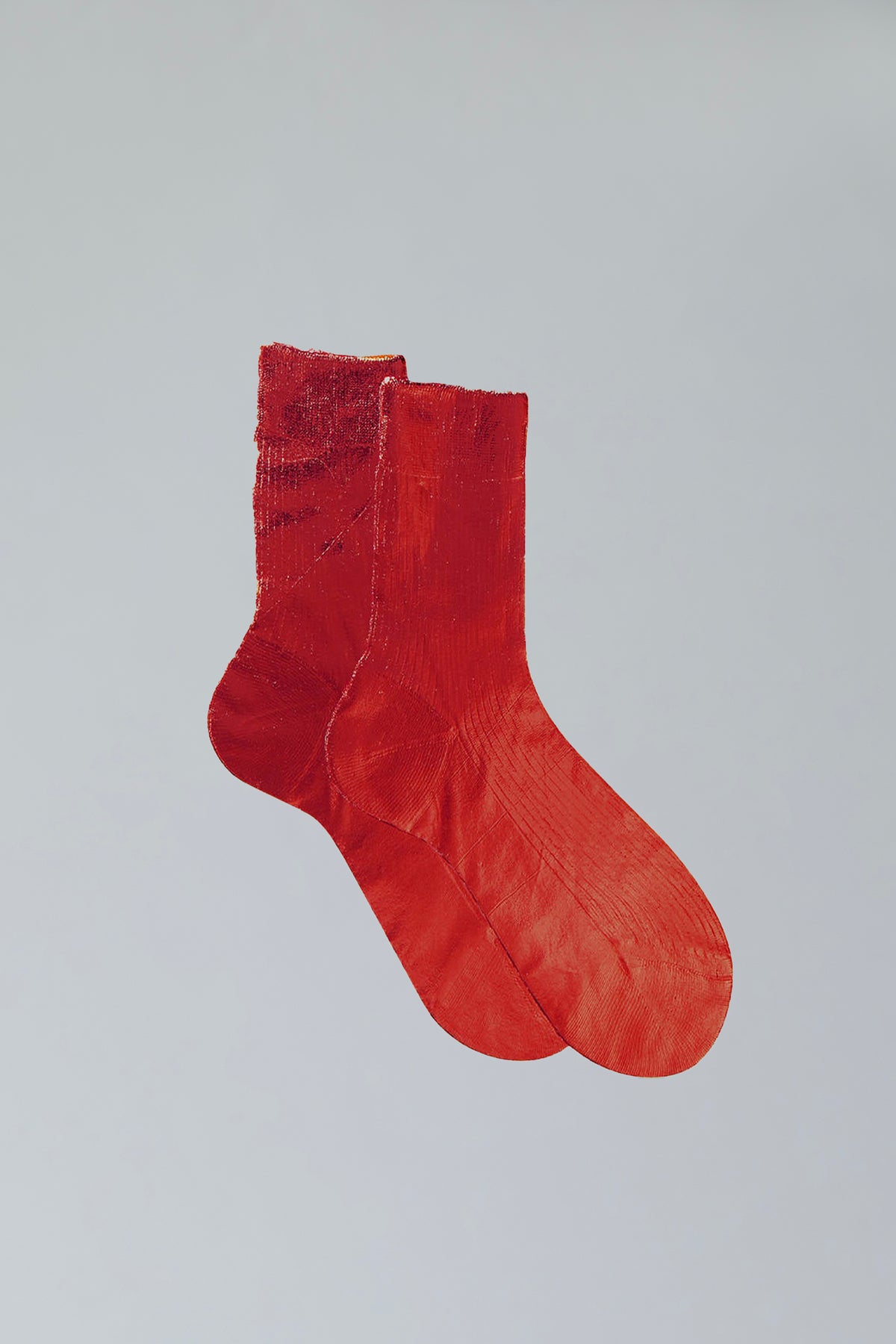 Maria La Rosa Lumine ribbed silk socks in red with a laminated sheen, mid-calf length
